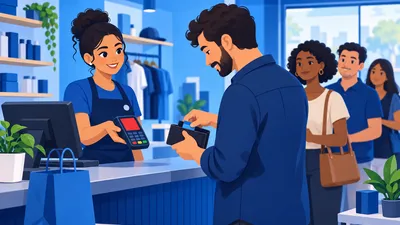 Operadora de caixa segurando a maquininha com o visor vermelho enquanto o cliente procura outro cartão na carteira, cartão negado na maquininha