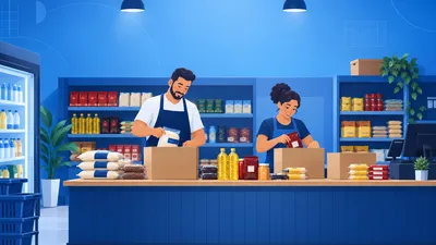 Dono de mercadinho montando cestas básicas em caixas de papelão sobre o balcão, com arroz, feijão, óleo e café enfileirados, ilustrando como montar cesta básica para vender
