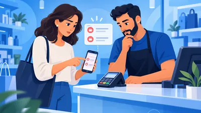 Cliente mostrando o celular com o extrato ao operador de caixa, que confere a maquininha e o aplicativo para verificar uma cobrança duplicada na maquininha