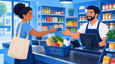 Cliente pagando compras com cartão de vale-alimentação no caixa de um mercadinho de bairro enquanto a operadora passa os itens pela balança