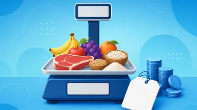 Balança de loja pesando alimentos ao lado de calculadora, representando o cálculo do preço por quilo de venda