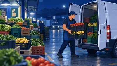 Dono de hortifruti carregando caixas de verduras numa van de madrugada no pátio do CEASA, ilustrando como comprar no CEASA para revender