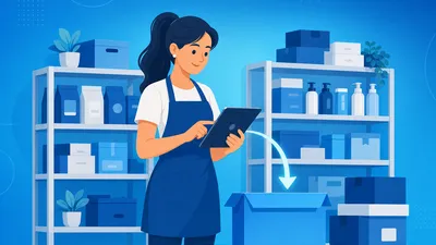 Baixa no estoque: lojista conferindo produtos na prateleira com o saldo do sistema