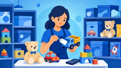 Lojista precificando brinquedos em uma loja de brinquedos com etiquetas de preço, caixas coloridas na prateleira e calculadora no balcão