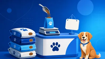 Como precificar produtos de pet shop: balcão com sacos de ração, balança e etiqueta de preço sendo calculada no sistema