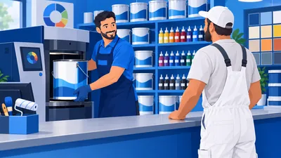 Atendente de loja de tintas tirando uma lata da máquina tintométrica diante da prateleira de bases, cena de quem precisa precificar tinta preparada na hora