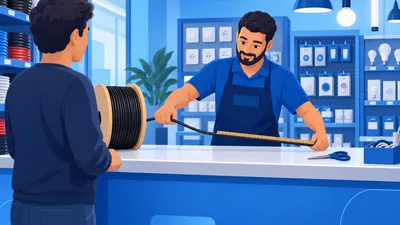 Atendente medindo cabo elétrico puxado de um rolo sobre o balcão de uma loja de materiais elétricos, ilustrando como vender por metro