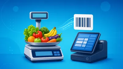 Balança de mercado pesando alimentos ao lado de um PDV com sistema de gestão na tela