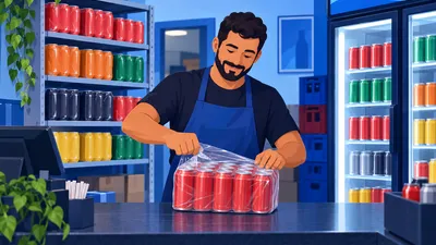 Dono de depósito de bebidas abrindo um fardo de latas ao lado de fardos fechados na prateleira, ilustrando comprar em caixa e vender por unidade