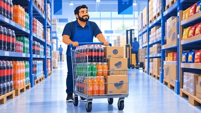 Dono de mercadinho empurrando um carrinho cheio de fardos no corredor de um atacarejo, ilustrando a decisão de comprar no atacarejo para revender