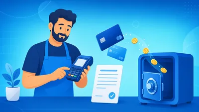 Lojista conferindo vendas da maquininha de cartão com o extrato bancário, ilustrando a conciliação de cartão