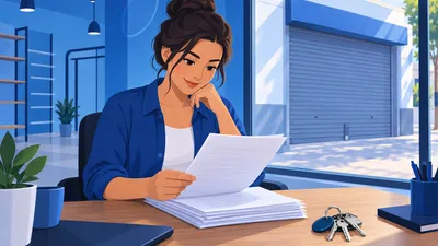 Dona de loja lendo o contrato de aluguel de loja na mesa do corretor, com as chaves do ponto comercial ao lado