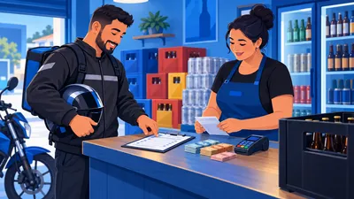 Entregador de moto acertando as contas do dia com a dona no balcão de um depósito de bebidas, com o romaneio e a maquininha sobre o balcão, ilustrando o controle de entregas na loja