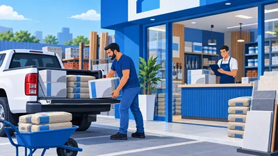 Cliente devolvendo caixas de piso e sacos de cimento no balcão de uma loja de material de construção, ilustrando a devolução de sobra de obra