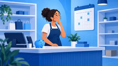 Dona de loja recém-inaugurada olhando um calendário na parede atrás do balcão, com prateleiras ainda meio vazias, ilustrando em quanto tempo uma loja se paga