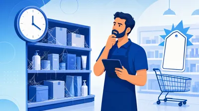 Prateleira de loja com produtos parados acumulando poeira e dono de loja analisando o estoque no sistema