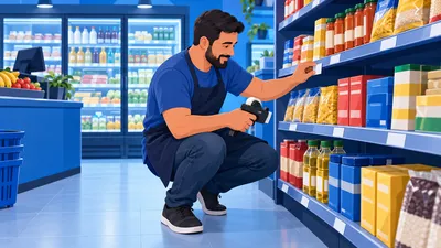 Lojista colocando etiqueta de preço em produto na gôndola de uma loja de bairro, com vitrine ao fundo