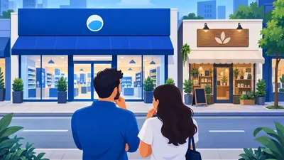 Casal em frente a duas lojas de rua, uma com fachada de rede e outra com placa própria, decidindo entre franquia ou loja própria