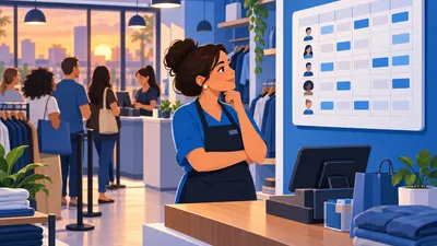 Dona de loja olhando a escala da equipe num quadro atrás do balcão enquanto a fila do caixa cresce, ilustrando a escolha entre hora extra ou contratar mais um funcionário