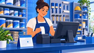 Dona de loja conferindo o cupom da NFC-e com IBS e CBS no caixa, com o cadastro de produtos aberto no sistema