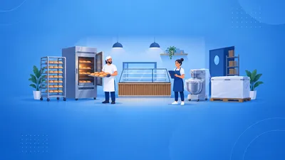 Padeiro tirando pães do forno em uma padaria de bairro, com balcão de vidro e atendente ao fundo, ilustrando o investimento para abrir uma padaria