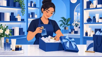 Atendente montando um kit de produtos com perfume, hidratante e caixa de presente no balcão de uma perfumaria