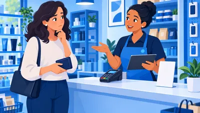 Cliente no caixa de uma loja pequena hesitando em informar o CPF enquanto a atendente explica, ilustrando LGPD para pequeno comércio