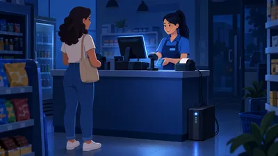 Caixa de loja de bairro no escuro com o computador do PDV e a impressora acesos ligados a um nobreak, operadora finalizando a venda para a cliente, ilustrando nobreak para PDV