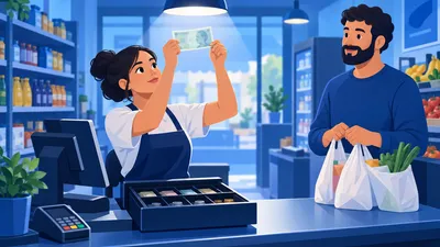 Operadora de caixa de mercadinho segurando uma cédula contra a luz para conferir a marca-d'água antes de aceitar o pagamento, com a fila esperando