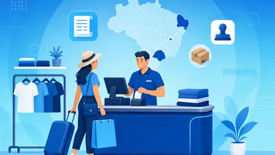 Balcão de loja emitindo nota fiscal para cliente de outro estado, com mapa do Brasil e documento fiscal na tela do PDV
