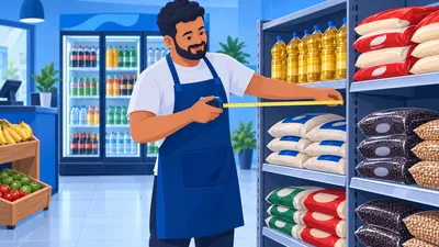 Dono de mercadinho de bairro organizando a gôndola com arroz, feijão e óleo enquanto decide o que vender em um mercadinho