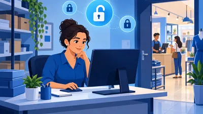 Dona de loja configurando as permissões de usuário do sistema no computador do escritório, com a equipe atendendo no salão ao fundo
