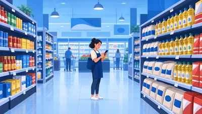 Dona de loja anotando no celular os preços de uma gôndola de supermercado concorrente, ilustrando a pesquisa de preço da concorrência