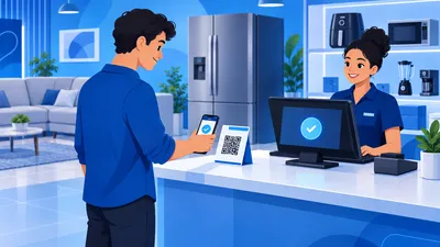 Cliente aproximando o celular do QR Code no balcão de uma loja enquanto a atendente confirma o pagamento no caixa, ilustrando o Pix parcelado na loja