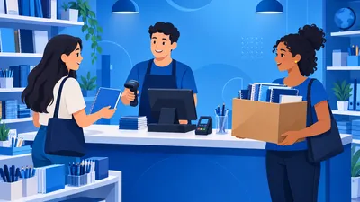 Balcão de papelaria com uma cliente comprando um caderno e outra levando uma caixa fechada de cadernos, ilustrando preço de atacado e varejo na mesma loja