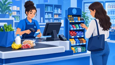 Cliente pegando um item do expositor ao lado do caixa de um mercadinho enquanto a operadora registra a compra, ilustrando produtos de impulso no caixa