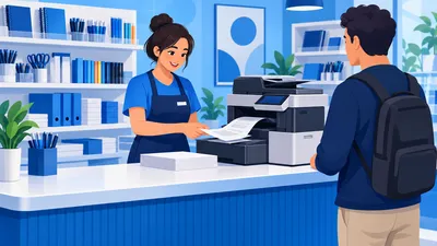Atendente de papelaria tirando cópias numa multifuncional no balcão enquanto o cliente espera, cena de quem precisa saber quanto cobrar por xerox e impressão