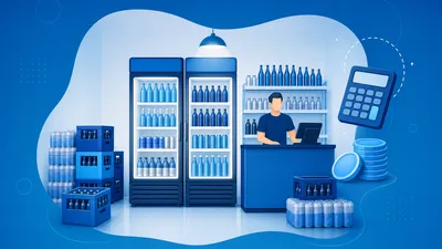 Interior de um depósito de bebidas de bairro com expositores refrigerados, fardos empilhados e balcão de atendimento, representando quanto custa abrir um depósito de bebidas