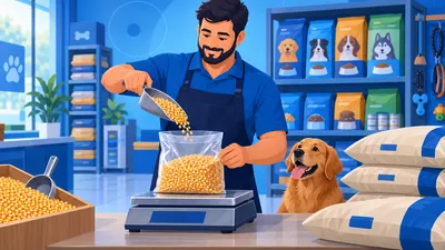 Dono de casa de ração pesando milho a granel na balança do balcão, com pilha de sacos de 50 kg e prateleira de ração para cães ao fundo, ilustrando quanto custa abrir uma casa de ração