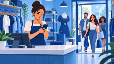 Dona de loja no balcão olhando o celular com um anúncio da própria loja enquanto clientes novos entram pela porta, ilustrando quanto investir em marketing na loja