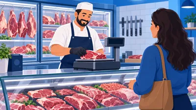 Açougueiro pesando carne na balança do balcão de um açougue de bairro, com a vitrine refrigerada ao fundo, ilustrando quanto lucra um açougue
