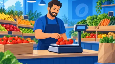 Dono de hortifruti de bairro pesando tomates na balança do caixa, com a banca de frutas e verduras ao fundo, ilustrando quanto lucra um hortifruti