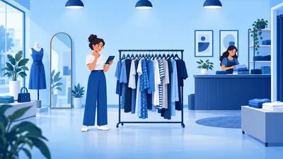 Dona de loja de roupas conferindo a arara da coleção que sobrou, com a calculadora na mão, ilustrando quanto lucra uma loja de roupas