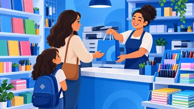 Dona de papelaria de bairro atendendo no balcão com cadernos, canetas e uma copiadora ao fundo, ilustrando quanto lucra uma papelaria