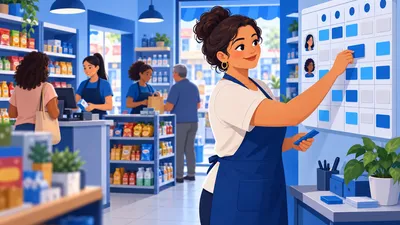Dona de loja montando a escala da semana num quadro enquanto duas funcionárias atendem no balcão, ilustrando quantos funcionários a loja precisa