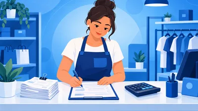 Dona de loja MEI preenchendo o relatório mensal de receitas brutas no balcão, com as notas fiscais do mês presas num clipe ao lado