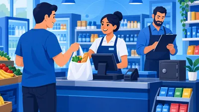 Dono de loja conferindo o relatório de cancelamentos ao lado do caixa enquanto a operadora atende um cliente, ilustrando o controle contra desvio no caixa da loja