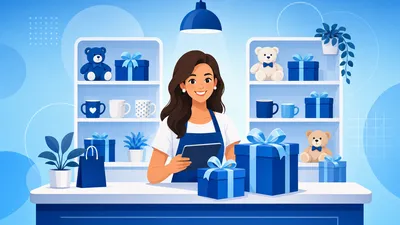 Dona de loja de presentes usando um sistema de gestão no balcão com prateleiras de itens variados