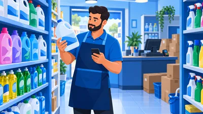 Dono de loja de produtos de limpeza conferindo o lote de um alvejante na prateleira com o sistema no celular