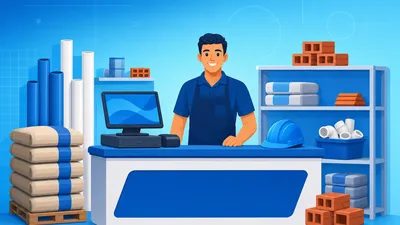 Balcão de loja de material de construção com sistema de gestão na tela e prateleiras de produtos